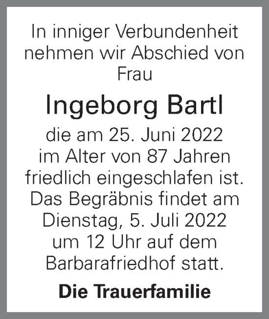 Traueranzeige von Ingeborg Bartl von OÖNachrichten