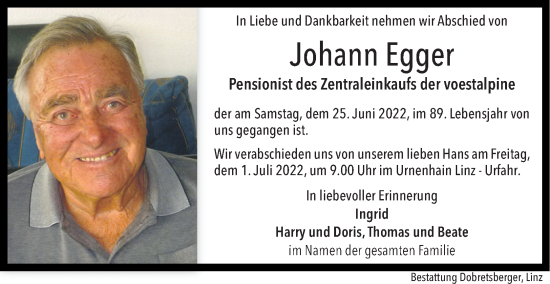 Traueranzeige von Johann Egger von OÖNachrichten