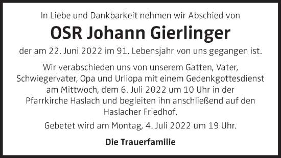 Traueranzeige von Johann Gierlinger von OÖNachrichten