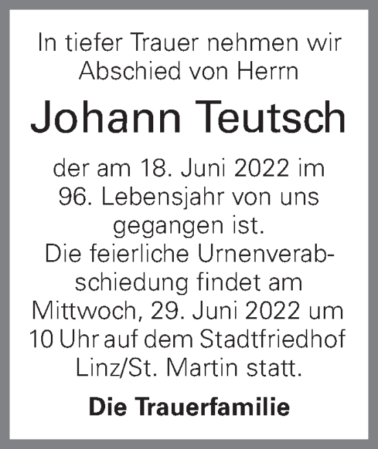Traueranzeige von Johann Teutsch von OÖNachrichten