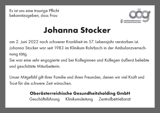 Traueranzeige von Johanna Stocker von OÖNachrichten