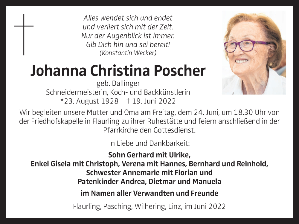  Traueranzeige für Johanna Christina Poscher vom 22.06.2022 aus OÖNachrichten