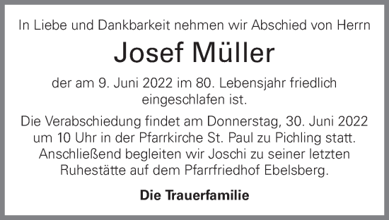 Traueranzeige von Josef Müller von OÖNachrichten