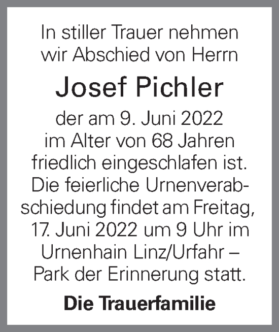 Traueranzeige von Josef Pichler von OÖNachrichten