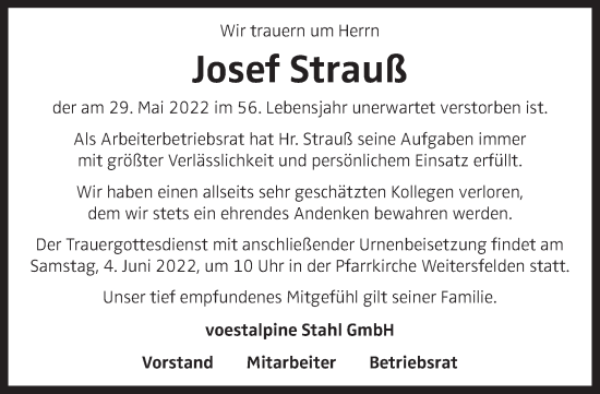 Traueranzeige von Josef Strauß von OÖNachrichten