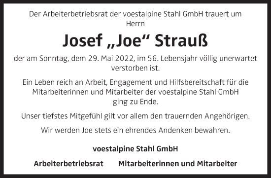 Traueranzeige von Josef Strauß von OÖNachrichten