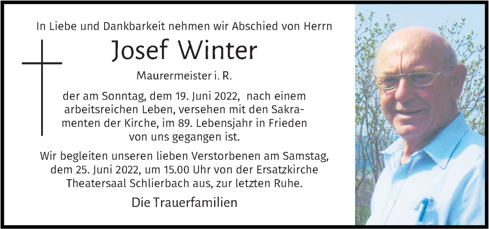  Traueranzeige für Josef Winter vom 22.06.2022 aus OÖNachrichten