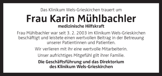 Traueranzeige von Karin Mühlbachler von OÖNachrichten