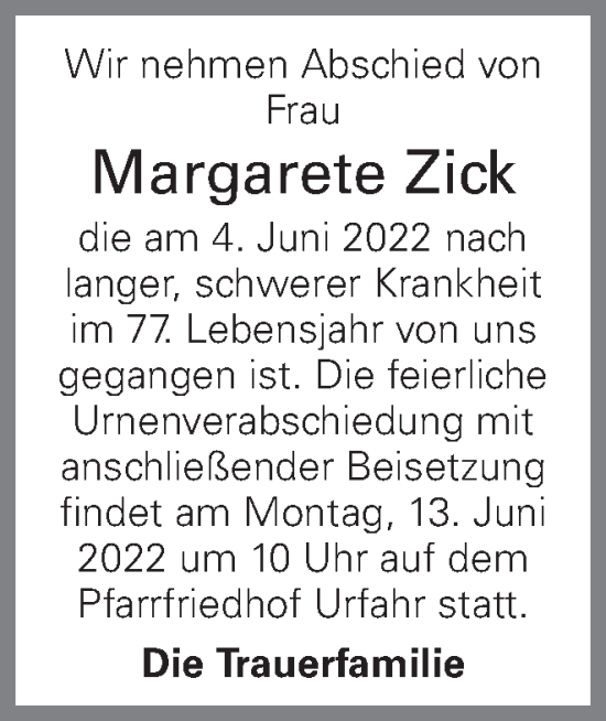 Traueranzeige von Margarete Zick von OÖNachrichten