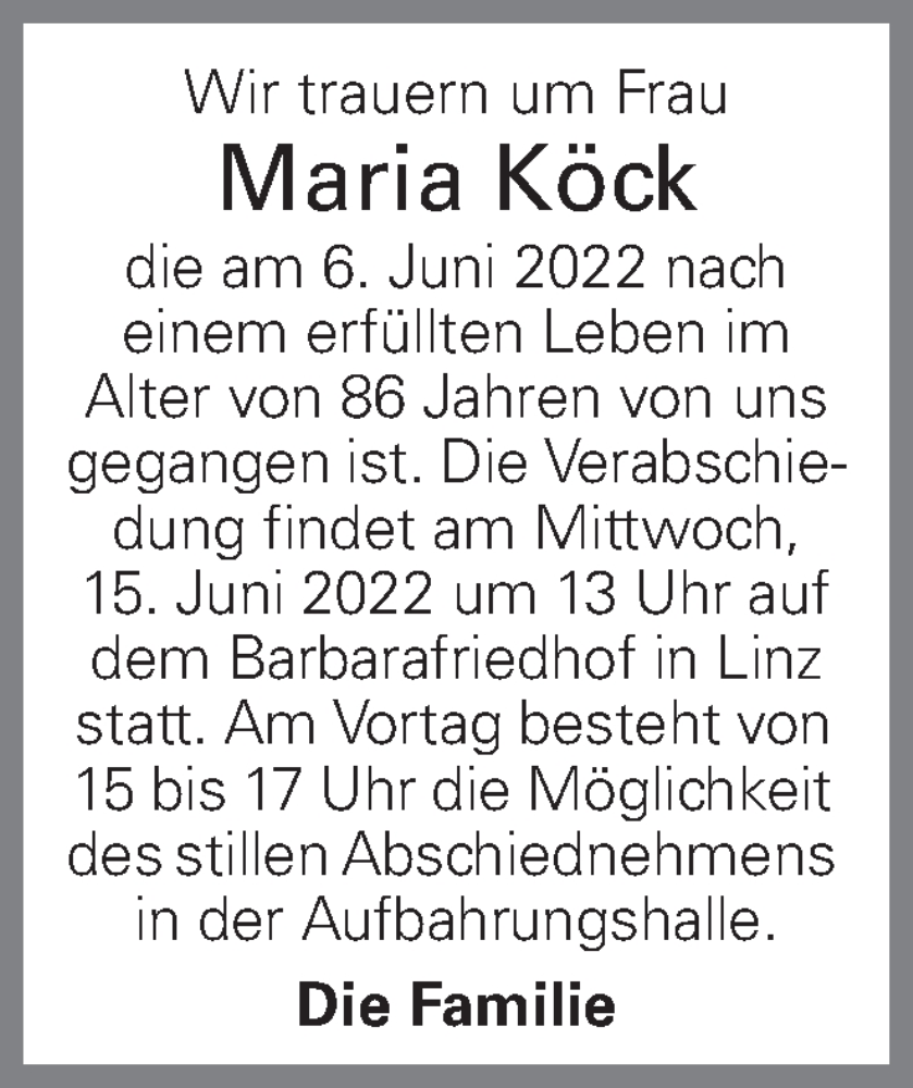  Traueranzeige für Maria Köck vom 11.06.2022 aus OÖNachrichten