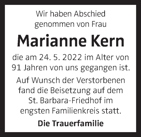 Traueranzeige von Marianne Kern von OÖNachrichten