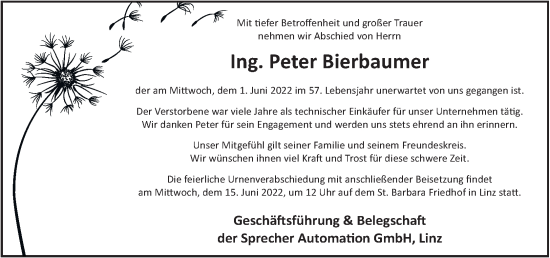 Traueranzeige von Peter Bierbaumer von OÖNachrichten