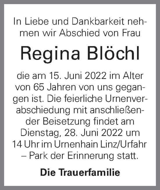 Traueranzeige von Regina Blöchl von OÖNachrichten