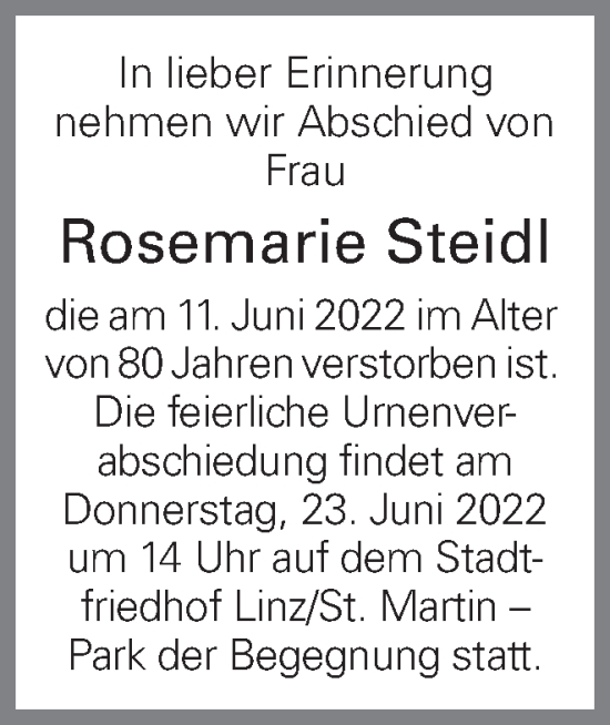Traueranzeige von Rosemarie Steidl von OÖNachrichten