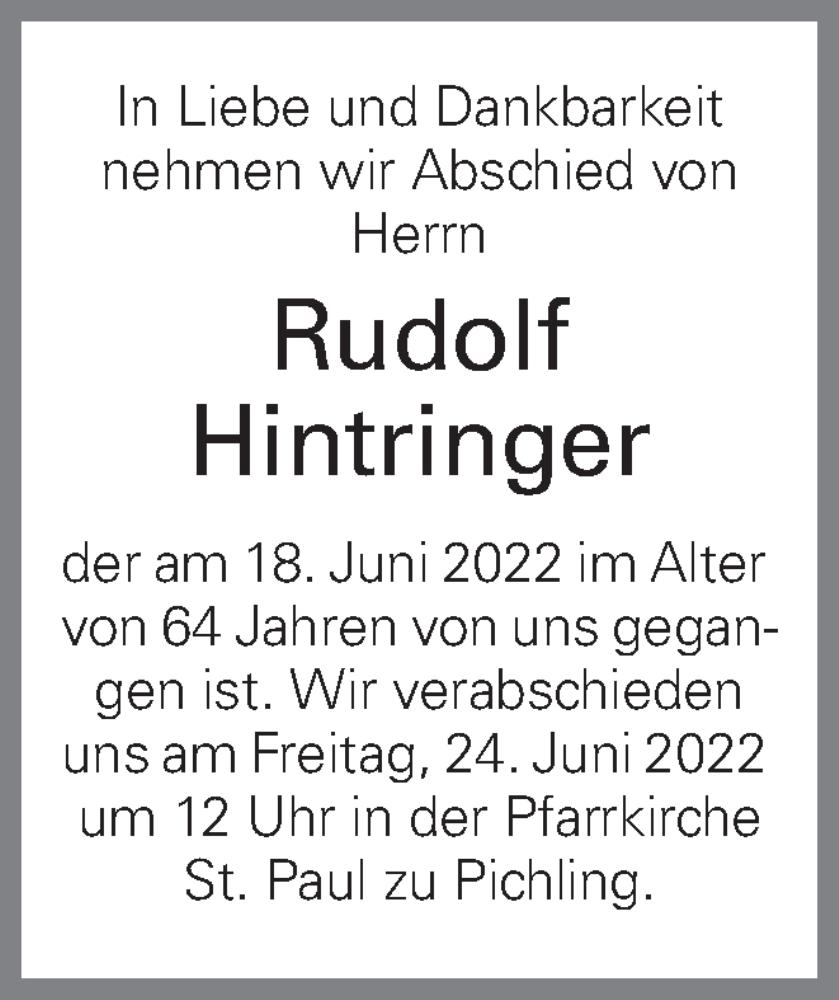  Traueranzeige für Rudolf Hintringer vom 22.06.2022 aus OÖNachrichten