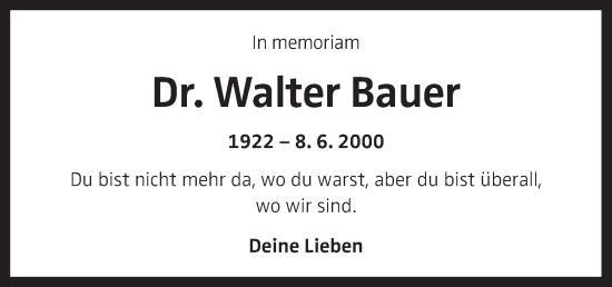 Traueranzeige von Walter Bauer von OÖNachrichten