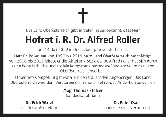 Traueranzeige von Alfred Roller von OÖNachrichten