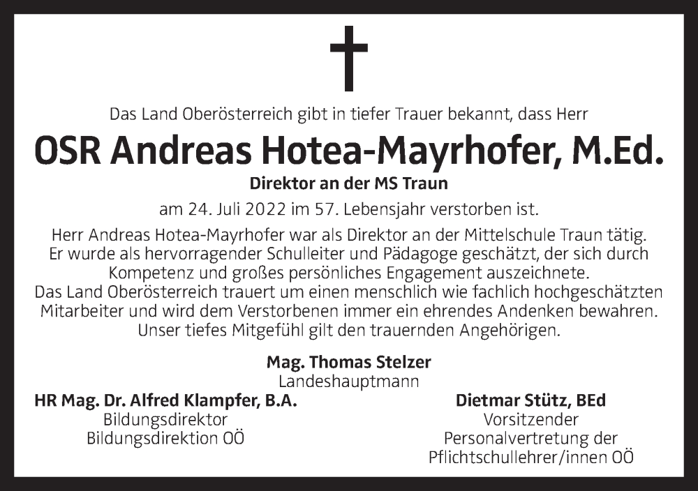  Traueranzeige für Andreas Hotea-Mayrhofer vom 27.07.2022 aus OÖNachrichten