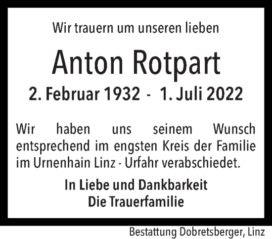 Traueranzeige von Anton Rotpart von OÖNachrichten