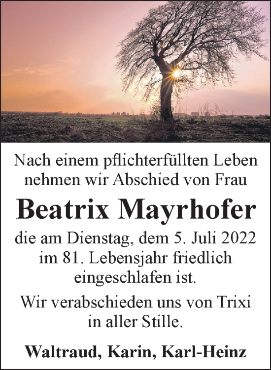 Traueranzeige von Beatrix Mayrhofer von OÖNachrichten