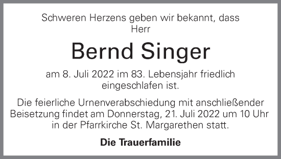 Traueranzeige von Bernd Singer von OÖNachrichten