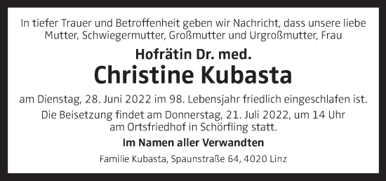 Traueranzeige von Christine Kubasta von OÖNachrichten