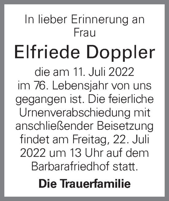 Traueranzeige von Elfriede Doppler von OÖNachrichten