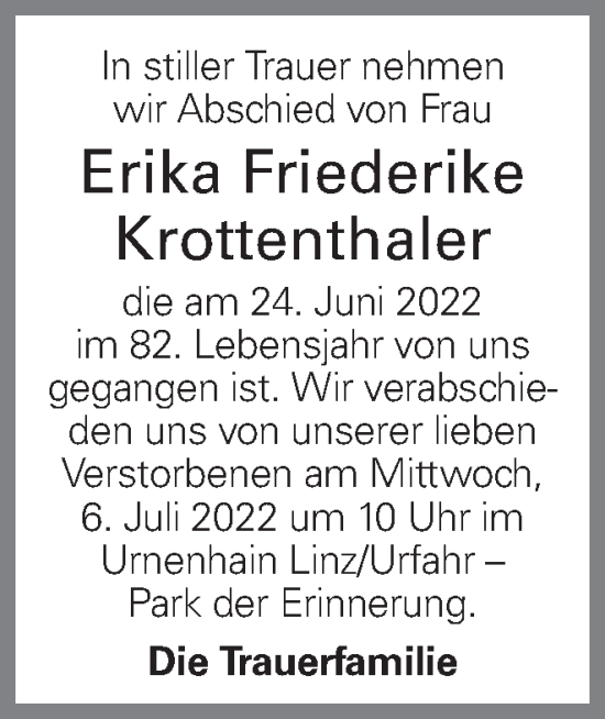 Traueranzeige von Erika Friederike Krottenthaler von OÖNachrichten