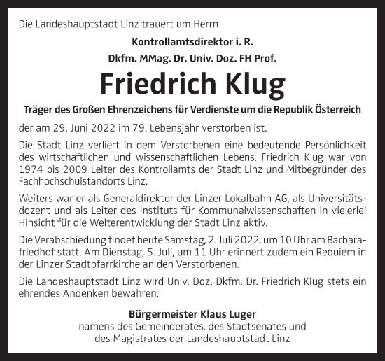 Traueranzeige von Friedrich Klug von OÖNachrichten