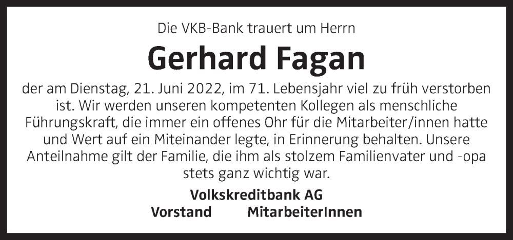  Traueranzeige für Gerhard Fagan vom 02.07.2022 aus OÖNachrichten