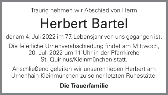 Traueranzeige von Herbert Bartel von OÖNachrichten