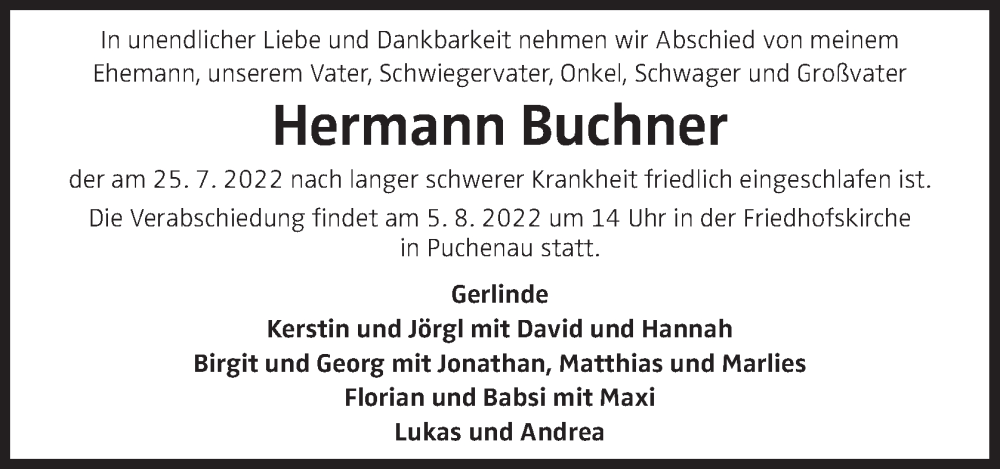  Traueranzeige für Hermann Buchner vom 30.07.2022 aus OÖNachrichten