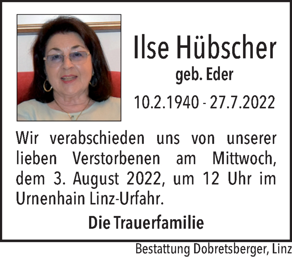  Traueranzeige für Ilse Hübscher vom 30.07.2022 aus OÖNachrichten