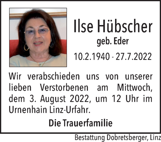 Traueranzeige von Ilse Hübscher von OÖNachrichten