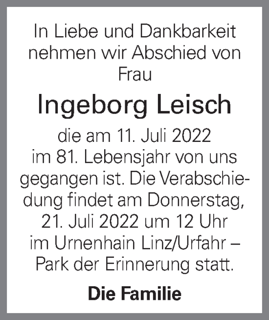 Traueranzeige von Ingeborg Leisch von OÖNachrichten