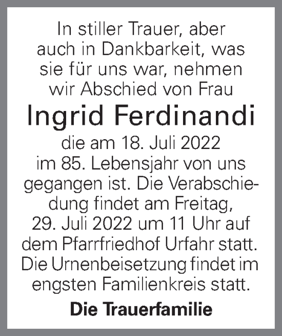 Traueranzeige von Ingrid Ferdinandi von OÖNachrichten