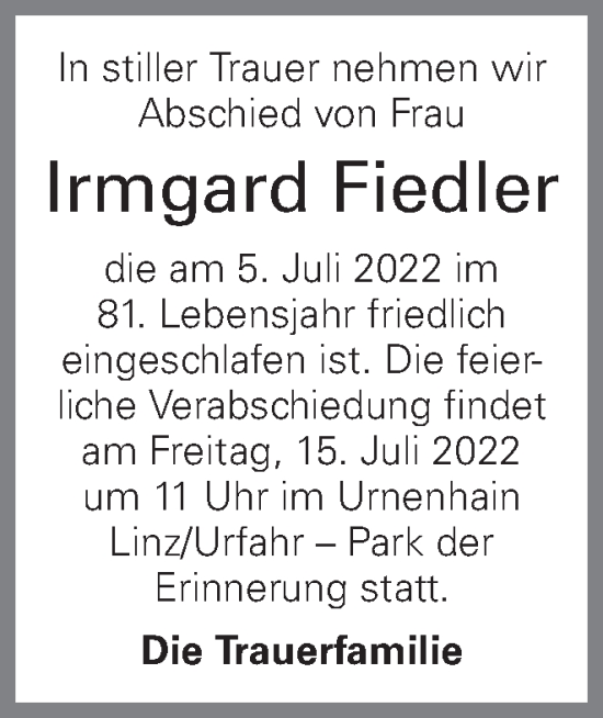 Traueranzeige von Irmgard Fiedler von OÖNachrichten