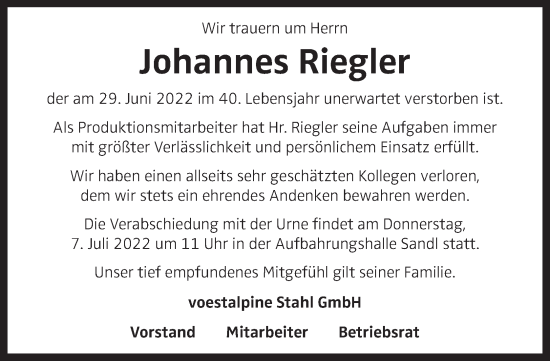 Traueranzeige von Johannes Riegler von OÖNachrichten