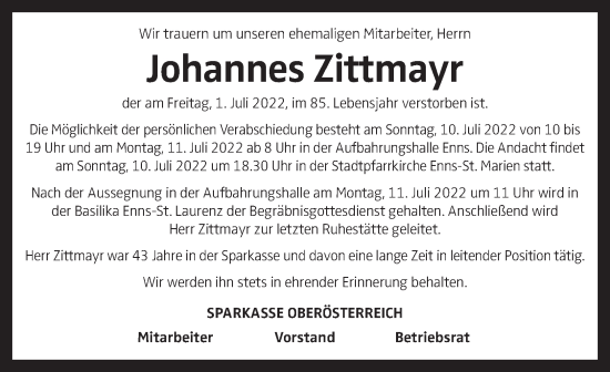 Traueranzeige von Johannes Zittmayr von OÖNachrichten