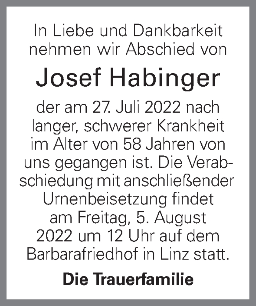  Traueranzeige für Josef Habinger vom 01.08.2022 aus OÖNachrichten