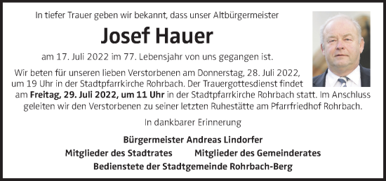 Traueranzeige von Josef Hauer von OÖNachrichten
