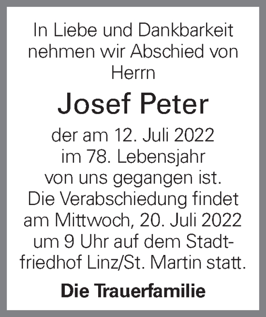 Traueranzeige von Josef Peter von OÖNachrichten