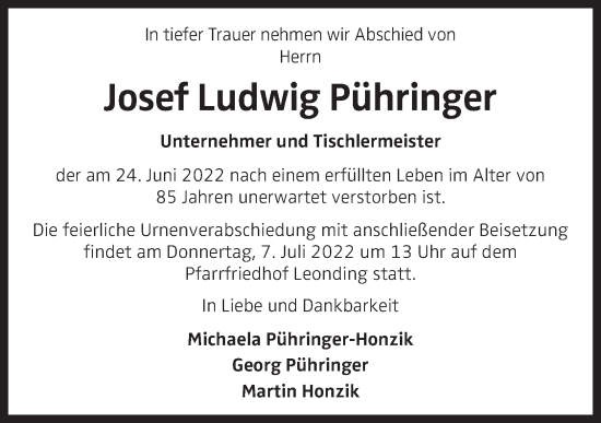 Traueranzeige von Josef Ludwig Pühringer von OÖNachrichten