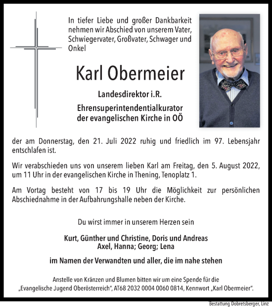 Traueranzeige von Karl Obermeier von OÖNachrichten