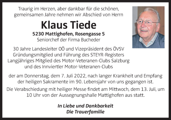 Traueranzeige von Klaus Tiede von OÖNachrichten
