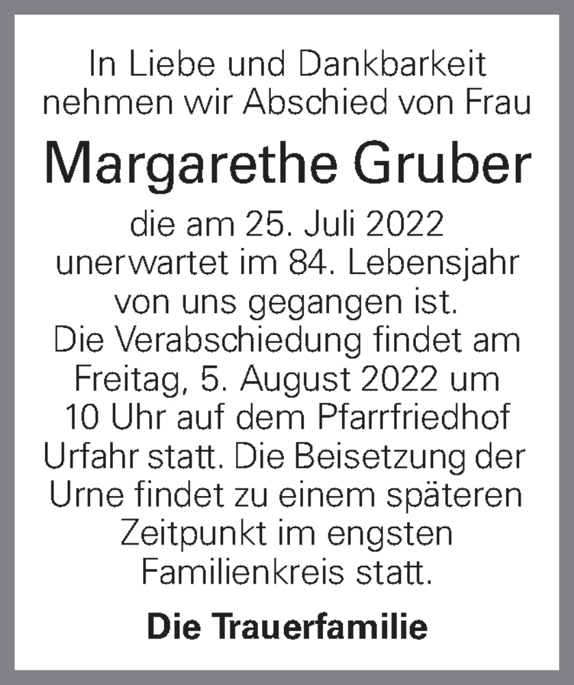  Traueranzeige für Margarethe Gruber vom 30.07.2022 aus OÖNachrichten