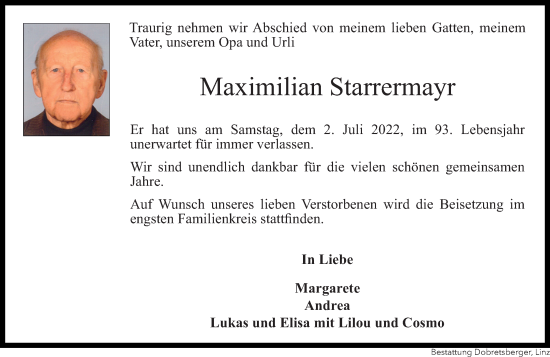 Traueranzeige von Maximilian Starrermayr von OÖNachrichten