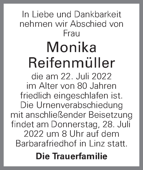 Traueranzeige von Monika Reifenmüller von OÖNachrichten