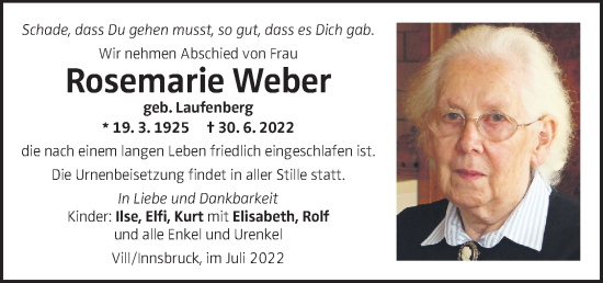 Traueranzeige von Rosemarie Weber von OÖNachrichten