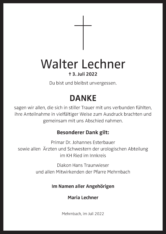 Traueranzeige von Walter Lechner von OÖNachrichten